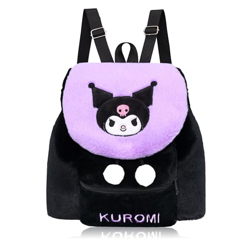 Roffatide Kuromi Fuzzy Drawstring Backpack Plüsch Cartoon niedlichen Rucksack für Frauen Fuzzy Lightweight Fluffy Tasche täglich Rucksack Schwarz/Lila von Roffatide