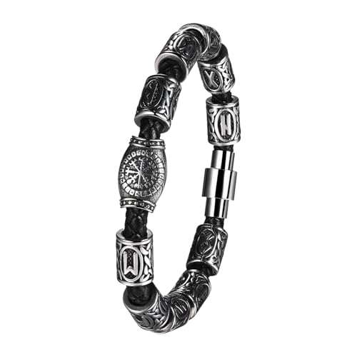 Rofusn Herren Wikinger Valknut geflochtenes Lederarmband Perlen Link Armband Manschette Armreif Armbänder Geschenke an meinen Mann Sohn Freund Ehemann Bruder, Standard, Edelstahl, Kein Edelstein von Rofusn