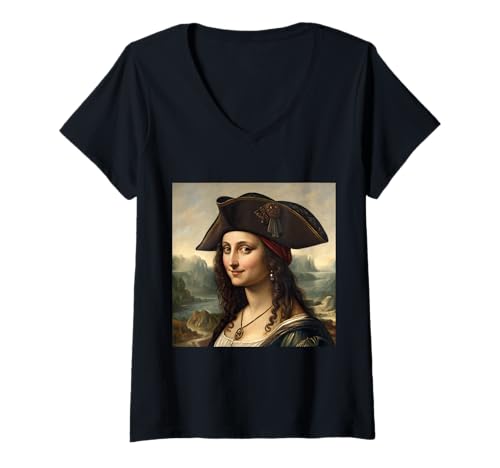 Damen Mona Lisa inspiriertes Piraten-Porträt mit Dreihornhut-Stil T-Shirt mit V-Ausschnitt Damen Mona Lisa inspiriertes Piraten-Porträt mit Dreihornhut-Stil T-Shirt mit V-Ausschnitt von Rogue Renaissance Art