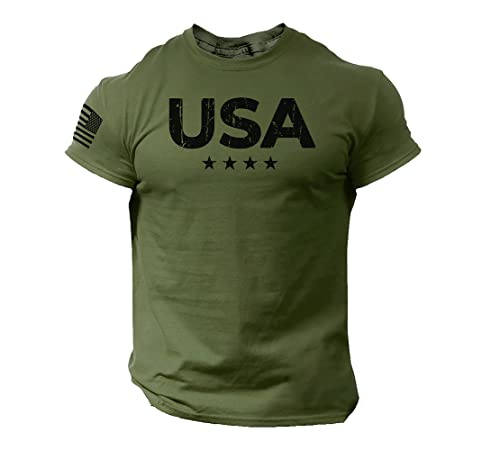 Rogue Style Herren-T-Shirt mit USA-Flagge, amerikanisches Fitnessstudio, Workout, Baumwolle, Grün (Army Green), Mittel von Rogue Style
