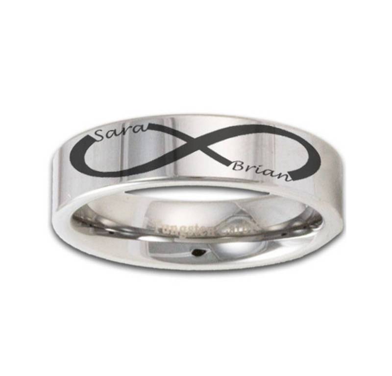 6mm Breit Benutzerdefinierte Unendlichkeit Symbol Wolfram Ring Mit Zwei Namen Paare Band Mens Womens Promise von RogueRiverJewelry