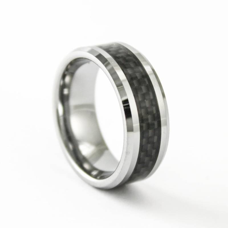 8mm Wide Tungsten Und Black Carbon Fiber Band Mens Hochzeitsring Personalisiert Free Inside Custom Graving von RogueRiverJewelry