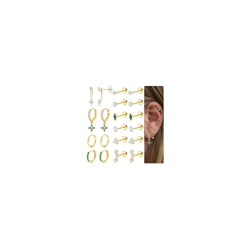 Roheafer 10 Paar Hypoallergene Ohrringe Set, 316L Chirurgische Edelstahl Flache Rücken Ohrstecker & Creolen, 14K Vergoldet für Helix/Tragus Piercing Damen (Gold) von Roheafer
