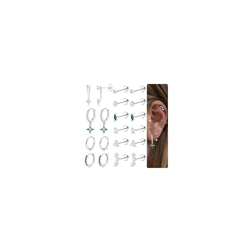 Roheafer 10 Paar Hypoallergene Ohrringe Set, 316L Chirurgische Edelstahl Flache Rücken Ohrstecker & Creolen, 14K Vergoldet für Helix/Tragus Piercing Damen (Silber) von Roheafer