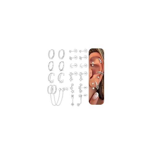 Roheafer 10 Paar Ohrringe Silber Set für Damen 14 Karat Vergoldet Kleine Ohrstecker Tragus Helix Doppel Piercing Creolen mit Kette Hypoallergene Goldene Ohrringe Mehrfache Piercings von Roheafer