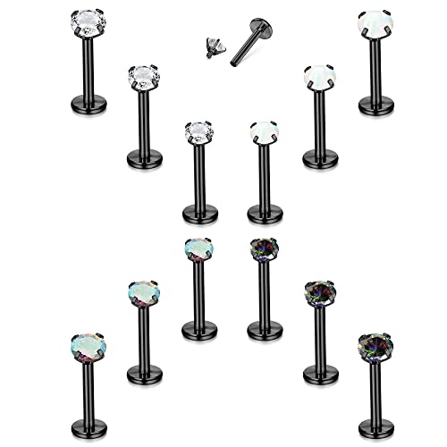 Roheafer 12 STÜCKE 16G Helix Tragus Piercing für Frauen Chirurgischer Edelstahl Lippenringe Innengewinde Labret Ohrstecker Knorpel Ohrringe mit flacher Rückseite Monroe Medusa Piercing Schmuckset von Roheafer