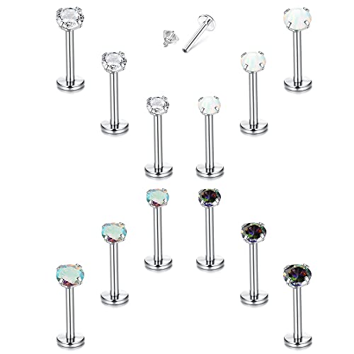 Roheafer 12 STÜCKE 16G Helix Tragus Piercing für Frauen Chirurgischer Edelstahl Lippenringe Innengewinde Labret Ohrstecker Knorpel Ohrringe mit flacher Rückseite Monroe Medusa Piercing Schmuckset von Roheafer