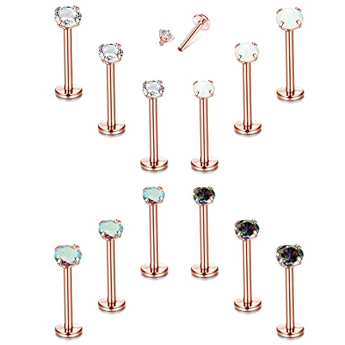 Roheafer 12 STÜCKE 16G Helix Tragus Piercing für Frauen Chirurgischer Edelstahl Lippenringe Innengewinde Labret Ohrstecker Knorpel Ohrringe mit flacher Rückseite Monroe Medusa Piercing Schmuckset von Roheafer