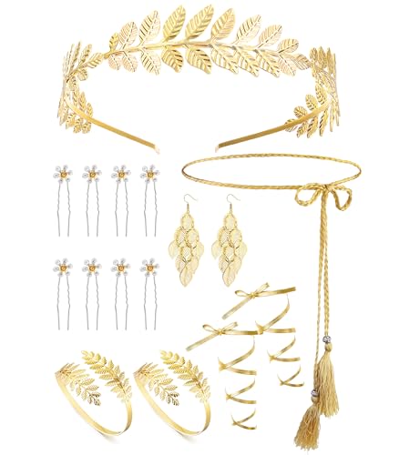 Roheafer 14 Stück Griechische Göttin Kostüm Zubehör Set für Damen Goldene Römische Lorbeerblätter Krone Oberarm Spule Armband Künstliche Perle Ohrringe Toga Taille Gürtel Braut Hochzeit Party von Roheafer