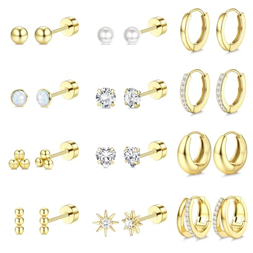Roheafer Flat Back Gold Ohrringe für Frauen Hypoallergen - Ohrringe aus Chirurgenstahl Gold Small Flatback Stud Hoop Earring Stacks Cartilage Earring Set für mehrere Piercing von Roheafer