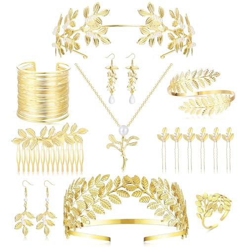 Roheafer 17 Stück Griechische Göttin Kostüm Zubehör Set für Frauen goldene Lorbeerblatt-Krone, Stirnbänder Haar Armband Oberarm Spule Perle Blatt Halskette Ohrringe Blatt Ring Braut Haar Kamm von Roheafer