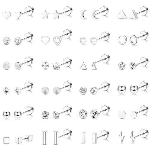 Roheafer 18–24 Paar winzige Knorpel-Ohrstecker für Damen und Herren, Edelstahl 316L, 20 g, Knorpel-Helix-Ohrringe, Mond, Stern, Herz, CZ, Opal, geometrische, flache Rückseite, Piercing-Schmuck von Roheafer