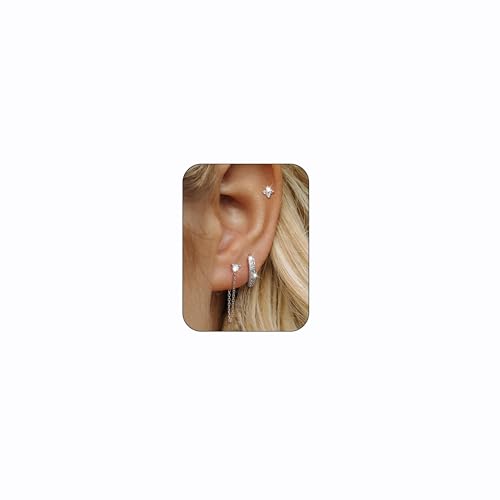 Roheafer 3 Paar Silber Ohrringe für Frauen 14k Gold überzogene Hoop Ohrringe Hypoallergene Knorpel Ohrringe Sets für mehrere Piercing Silber Kette Ohrstecker von Roheafer