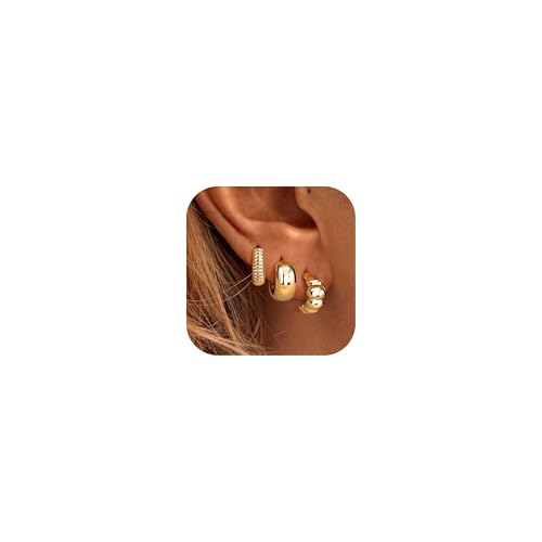 Roheafer 3 Paare Creolen Ohrringe für Damen 14K Vergoldet Twist Huggie Creolen Set Hypoallergen Stapelbare Ohrringe Leichte Chunky Hoops für Multi Piercing(Chunky) von Roheafer