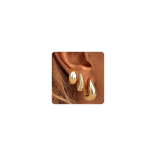 Roheafer 3 Paare Creolen Ohrringe für Damen 14K Vergoldet Twist Huggie Creolen Set Hypoallergen Stapelbare Ohrringe Leichte Chunky Hoops für Multi Piercing(Dome CZ) von Roheafer