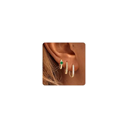 Roheafer 3 Paare Creolen Ohrringe für Damen 14K Vergoldet Twist Huggie Creolen Set Hypoallergen Stapelbare Ohrringe Leichte Chunky Hoops für Multi Piercing(Green CZ) von Roheafer
