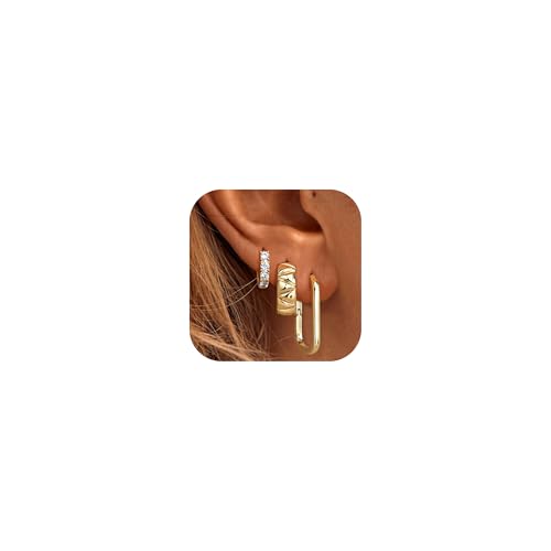 Roheafer 3 Paare Creolen Ohrringe für Damen 14K Vergoldet Twist Huggie Creolen Set Hypoallergen Stapelbare Ohrringe Leichte Chunky Hoops für Multi Piercing(Pave CZ) von Roheafer
