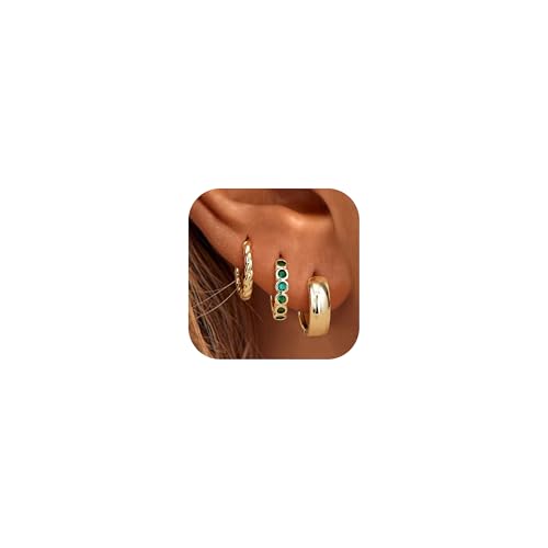 Roheafer 3 Paare Creolen Ohrringe für Damen 14K Vergoldet Twist Huggie Creolen Set Hypoallergen Stapelbare Ohrringe Leichte Chunky Hoops für Multi Piercing(Twist) von Roheafer