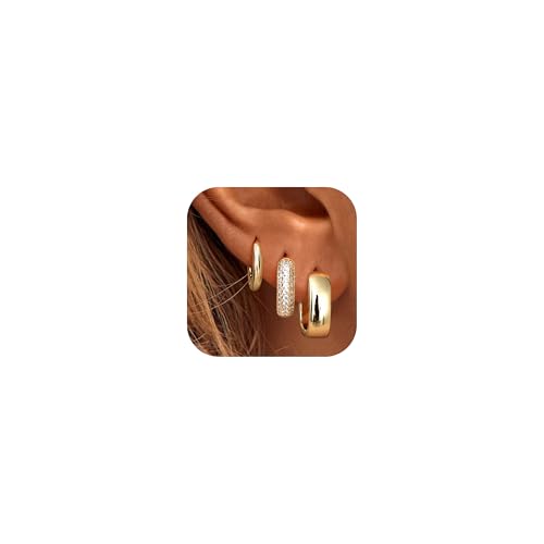 Roheafer 3 Paare Creolen Ohrringe für Damen 14K Vergoldet Twist Huggie Creolen Set Hypoallergen Stapelbare Ohrringe Leichte Chunky Hoops für Multi Piercing(Wide CZ) von Roheafer