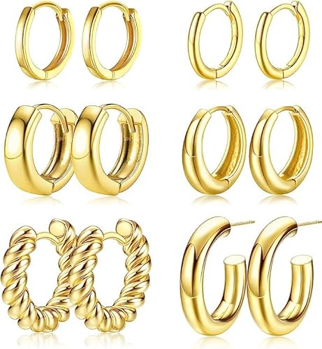 Roheafer 6 Paare klobige Gold Hoop Ohrringe für Frauen kleine Huggie Hoop Ohrringe 14K Echtgold plattiert leichtes Hypoallergen offen verdrehte Hoop Ohrringe von Roheafer