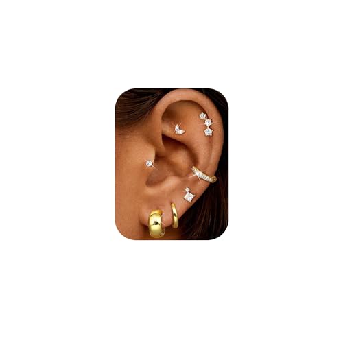 Roheafer 7 Paar Ohrringe Set für Damen 14K Vergoldete Creolen Ohrstecker Hypoallergen Chirurgenstahl Flachrücken Ohrschmuck Stapelbare Ohrringe für Helix/Tragus Piercings (G-Chunky) von Roheafer