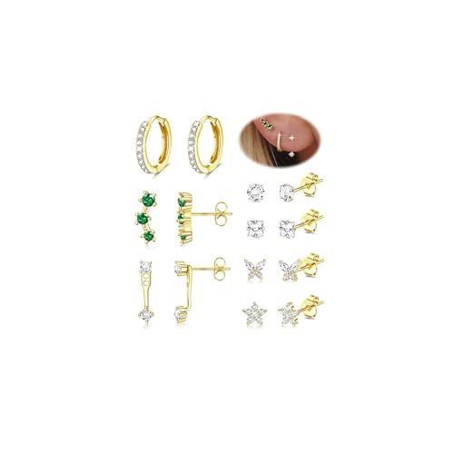 Roheafer S925 Sterling Silber Ohrringe für Frauen Hypoallergene 14K vergoldete Ohrstecker-Creolen für empfindliche Ohren CZ-Knorpel-Ohrstecker Huggie-Ohrring-Sets für mehrere Piercings von Roheafer
