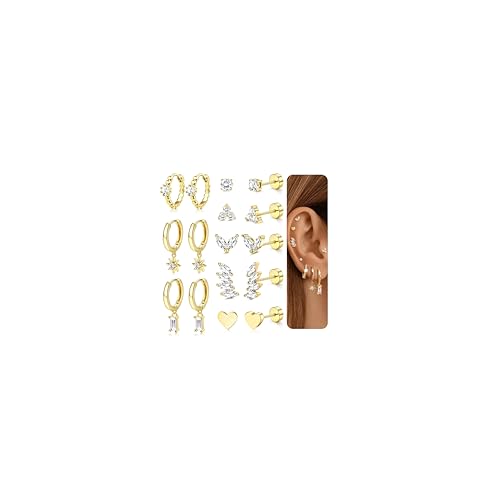 Roheafer 8 Paar Gold Ohrringe Set für Damen Hypoallergene 316L Chirurgenstahl Medizinische Ohrstecker Flacher 14K Vergoldet Stecker Cartilage Ohrringe von Roheafer