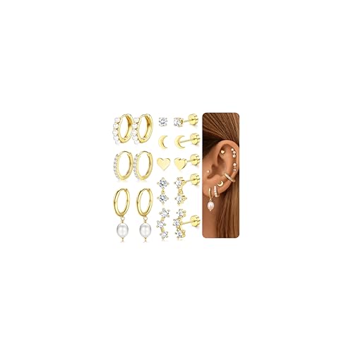 Roheafer 8 Paar Gold Ohrringe Set für Damen Hypoallergene 316L Chirurgenstahl Medizinische Ohrstecker Flacher 14K Vergoldet Stecker Cartilage Ohrringe von Roheafer