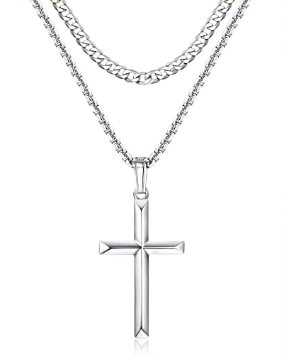 Roheafer 925 Sterling Silber Kreuz Anhänger Geschichtet Halskette für Herren Damen mit 5mm Edelstahl Cuban Link Kette und Box Kette Silber/Gold Kreuz Kette Halskette für Männer Schmuck 46-56cm von Roheafer