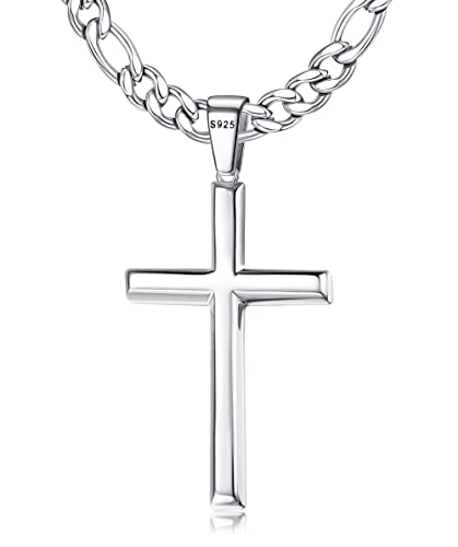 Roheafer 925 Sterling Silber Kreuz Anhänger Halskette für Herren Damen mit 5mm Edelstahl Diamant-Schliff Figaro Kette/Kubanische Kette 18K Weißgold plattierte Kreuz Halskette 48-76 Zentimeter von Roheafer