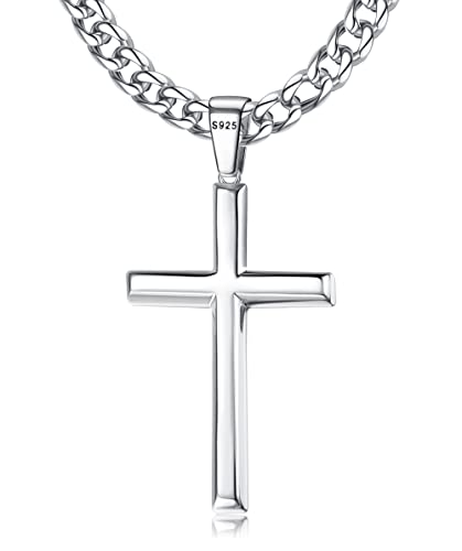 Roheafer 925 Sterling Silber Kreuz Anhänger Halskette für Herren Damen mit 5mm Edelstahl Diamant-Schliff Figaro Kette/Kubanische Kette 18K Weißgold plattierte Kreuz Halskette 48-76 Zentimeter von Roheafer