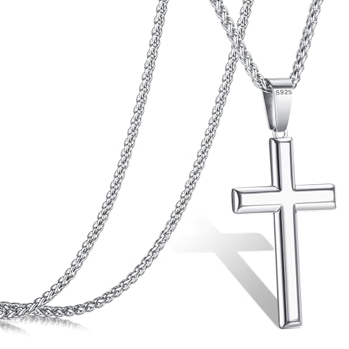 Roheafer 925 Sterling Silber Kreuz Kette Herren 2.5 mm Weizenkette aus Edelstahl Halskette Kruzifix-Anhänger 18K Weißgold Polierte Abgeschrägte Kante Kreuzkette Halskette für Herren Frauen 61cm von Roheafer