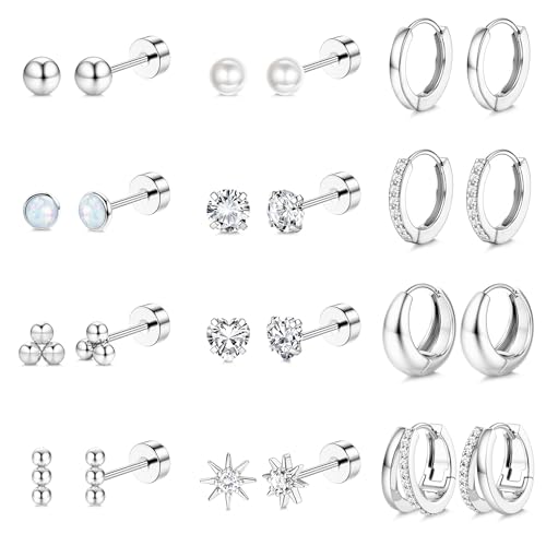 Roheafer Flat Back Silber Ohrringe für Frauen Hypoallergen - Ohrringe aus Chirurgenstahl Silber Small Flatback Stud Hoop Earring Stacks Knorpel Ohrring Set für mehrere Piercing von Roheafer