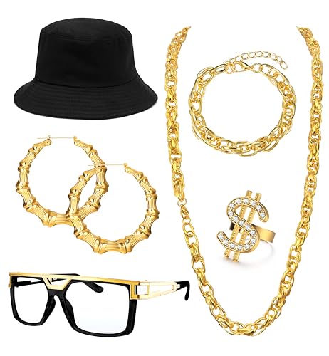 Roheafer Hip Hop Kostüm Kit, 80s 90s Hip Hop Accessories für Damen Herren, Old school Rapper Schmuck, Fake Gold Kette Hip Hop Accessoires Outfit DJ Punk Hippie Ohrringe Rapper Modeschmuck(B) von Roheafer