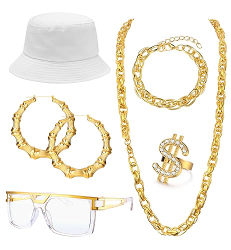 Roheafer Hip Hop Kostüm Kit, 80s 90s Hip Hop Accessories für Damen Herren, Old school Rapper Schmuck, Fake Gold Kette Hip Hop Accessoires Outfit DJ Punk Hippie Ohrringe Rapper Modeschmuck von Roheafer