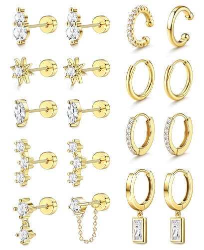 Roheafer 9 Paar Ohrringe Gold Creolen Set für Damen Hypoallergene Medizinische Ohrstecker Goldene Ear Cuff für Helix Tragus von Roheafer