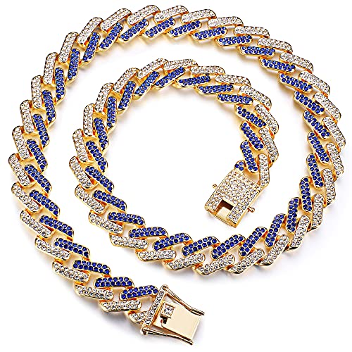Roheafer Iced Out Cuban Link Chain Kette Halskette für Herren 13mm Gold Plattiert Silber Blau/Gold Blau 46/51/56/61 Zentimeter Diamant Kubanische Kette für Herren Damen Jungen von Roheafer