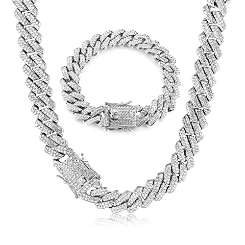 Roheafer Iced Out Kette Armband Herren Cuban Link Chain 14MM Miami Kubanische Ketten Halskette Armband 18 Karat Vergoldetes Bling Diamant Kette Armband Hip Hop Schmuck für Herren Frauen von Roheafer