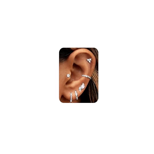 Roheafer Kleine Silber Hoop Ohrringe Hypoallergene Flache Rücken Ohrringe Edelstahl Silber Knorpel Ohrring Sets für mehrere Piercing Kleine Hoop Flatback Ohrstecker SC von Roheafer