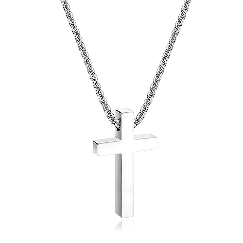 Roheafer Kreuz-Halskette für Männer, silberne Edelstahl-Kreuz-Anhänger-Halskette für Männer, Kastenkette 26 Zoll von Roheafer