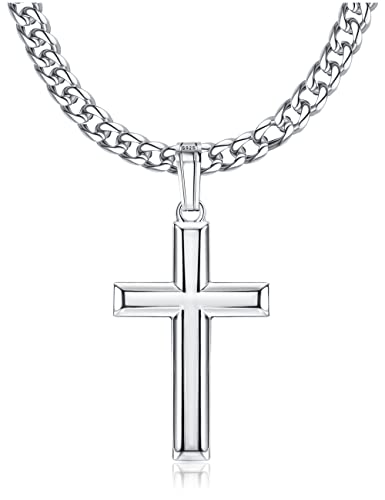 Roheafer Kreuz Kette Für Herren Damen 925 Sterling Silber Halskette Kreuz Anhänger Kubanische Kette Abgeschrägt Kreuz Schmuck 76 Zentimeter von Roheafer