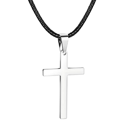 Roheafer Kreuz kette Herren Silber Halskette mit 46/51/56/61/66 Zentimeter Wasserfester Lederkette Edelstahl Jesus Kreuz Anhänger Halskette für Damen von Roheafer