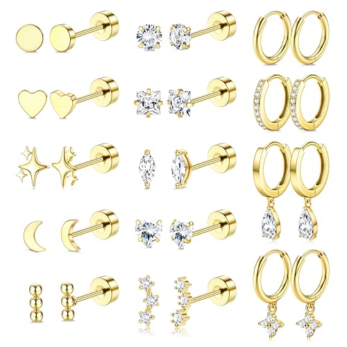 Roheafer hypoallergene flache Rücken Ohrringe für Frauen 14K Gold Chirurgische Edelstahl Stud Hoop Ohrringe für empfindliche Ohren Gold Flatback Stud Knorpel Ohrring Set von Roheafer