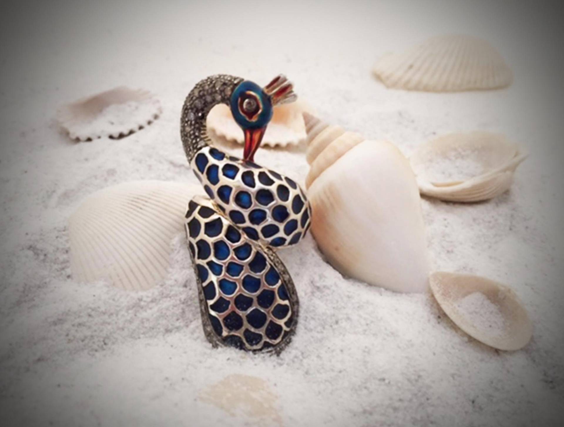 Designer Silberring, Emaille, Einzelne Diamanten, Pfauring, Tier Ring, Silber, Blauer Ring von RohitSonkiya