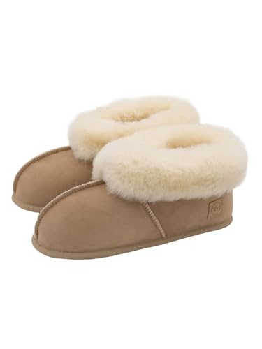 Rohn Moden Lammfell Hausschuh Chalet für Damen und Herren, Hüttenschuh mit weicher Ledersohle, warmer Hausstiefel für Erwachsene in Top Qualität, beige (Größe 47) von Rohn Moden