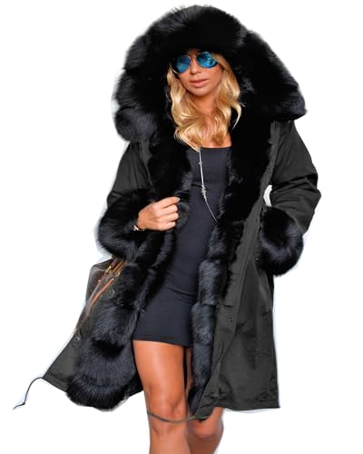 Roiii Damen Wintermantel mit Kapuze und Daunen aus Kunstfell für den Außenbereich, lange Jacke, Schwarzer Fell, XX-Large Roiii Damen Wintermantel mit Kapuze und Daunen aus Kunstfell für den Außenbereich, lange Jacke, Schwarzer Fell, XX-Large von Roiii