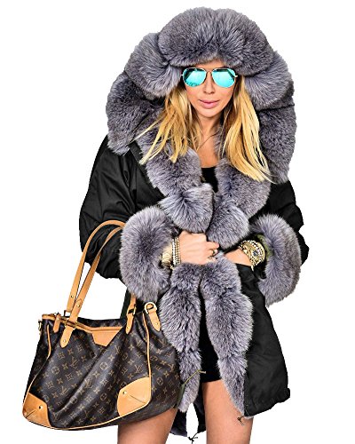 Roiii Dicker, warmer Wintermantel für Damen, mit Kapuze, Daunen-Parka, Fleecefell, Outdoor-Übermantel, lange Jacke, Schwarz 7008, S von Roiii