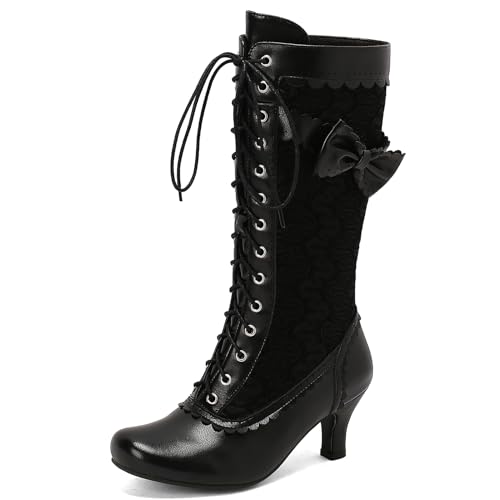 Damen Mid-Calf Stiefel Jahrgang Victorian Mit Bow Süss Hochzeit Mit Spitze Mediaeval Renaissance Style 70's Outfits Schuhe Black Size 38 von Roimaash
