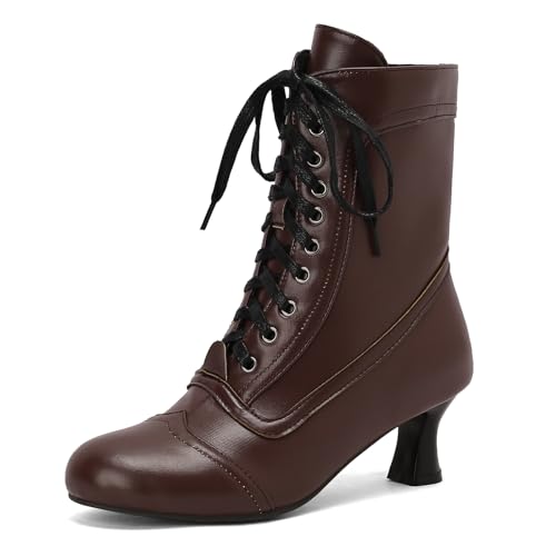 Jahrgang Damen Ankle-High Boots Victorian Stiefeletten with Zipper Schnüren Runde Zehen Mediaeval Renaissance Style 70's Outfits Schuhe Brown Size 34 von Roimaash