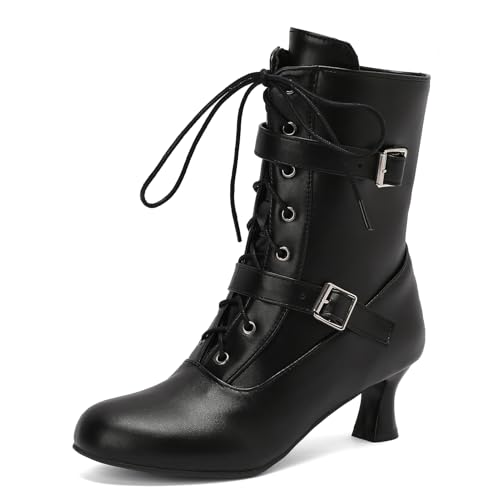 Jahrgang Damen Ankle-High Stiefeletten Victorian Stiefel with Zipper Schnüren Runde Zehen Mediaeval Renaissance Style 70's Outfits Schuhe Black Size 39 von Roimaash